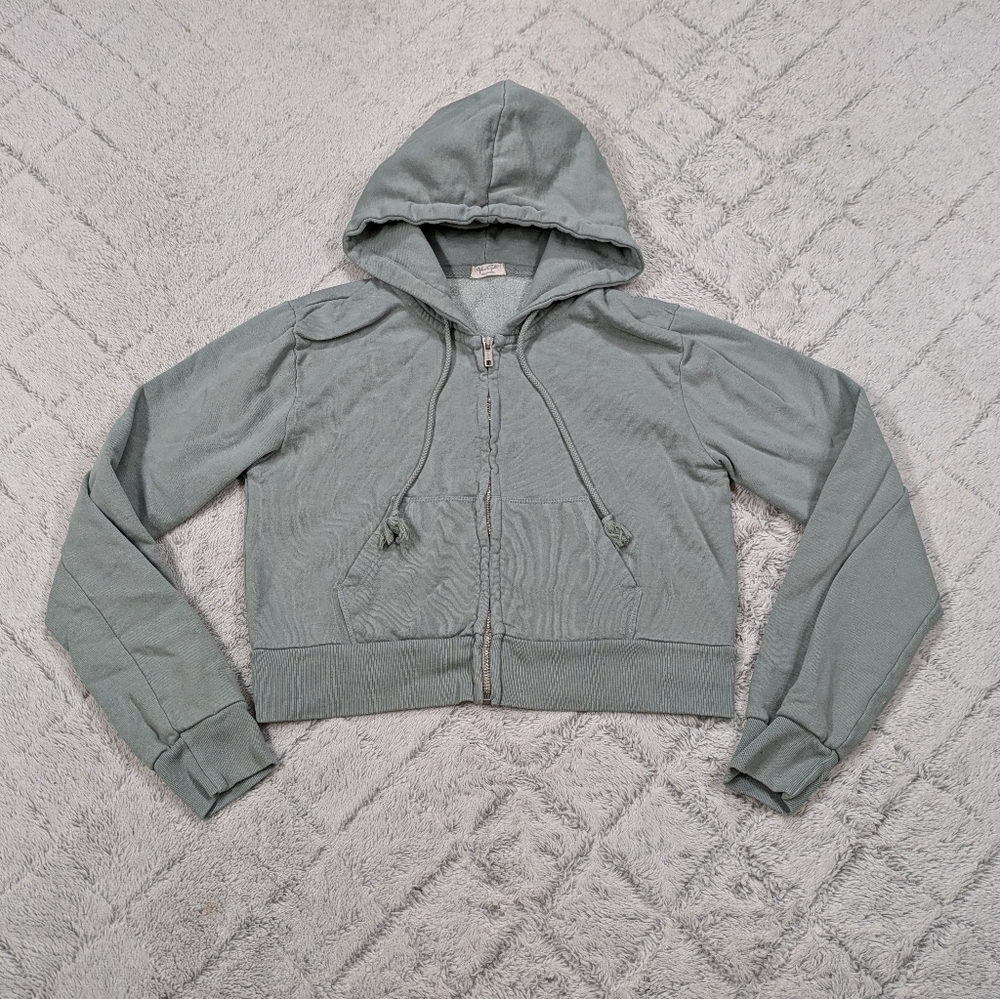 Brandy Melville Jacket Women's S Green Crystal Hoodie Cropped Fleece Lined Zip